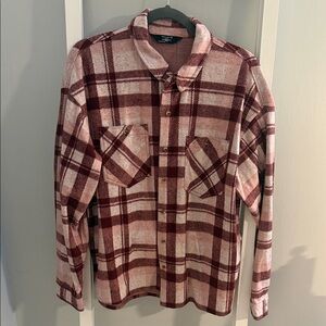 Women's Plaid Button Down Shirt - Burgundy, Pink and Cream
